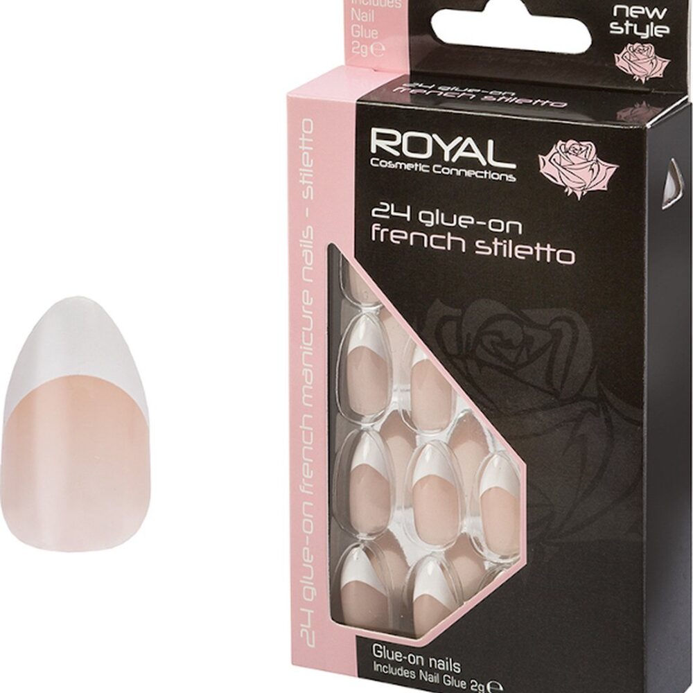 Royal 24 Stiletto Glue-On Nail Tips With Glue French Manicure